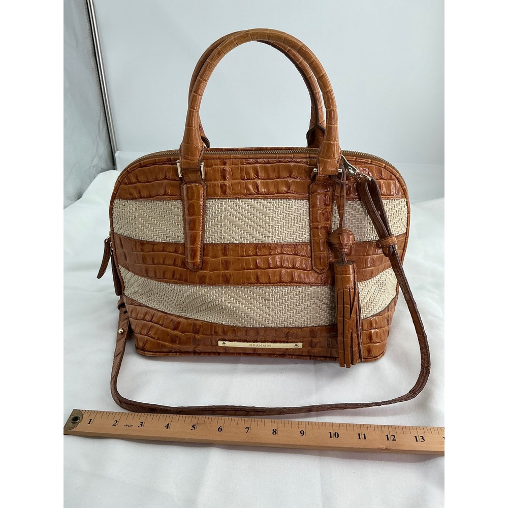 Brahmin Vivian Dome Satchel Pecan Croc Leather Woven Straw Dome Bag w/Crossbody